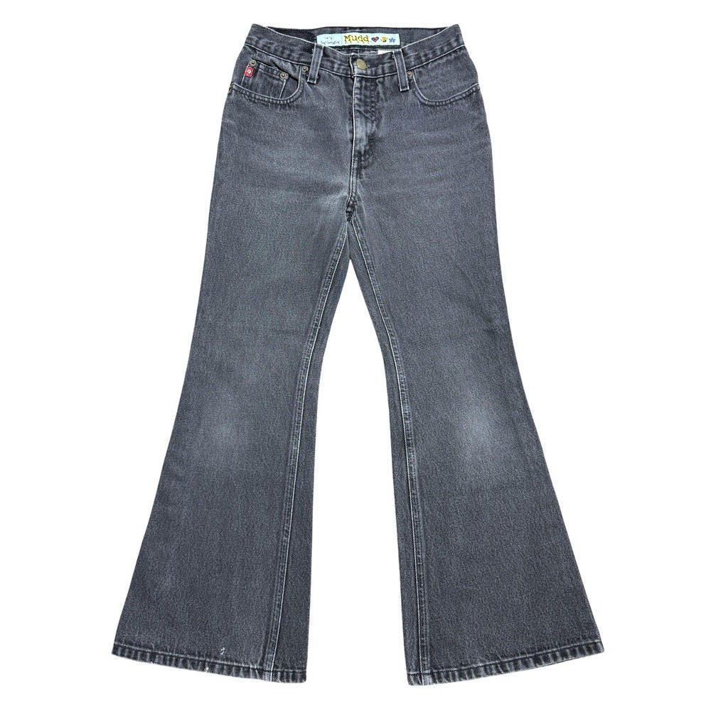 Vintage Mudd Jeans Girls 12 Black Gray Flare Y2K‎ Low Rise Embroidered 2000s